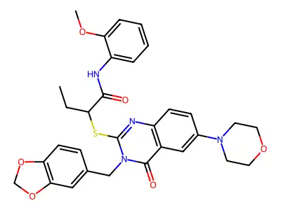 2-({3-[(2H-1,3-benzodioxol-5-yl)methyl]-6-(morpholin-4-yl)-4-oxo-3,4-dihydroquinazolin-2-yl}sulfanyl)-N-(2-methoxyphenyl)butanamide structure