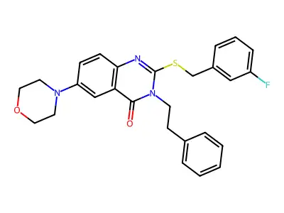 2-((3-fluorobenzyl)thio)-6-morpholino-3-phenethylquinazolin-4(3H)-one structure