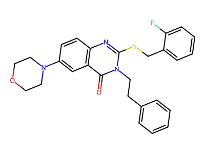 2-((2-fluorobenzyl)thio)-6-morpholino-3-phenethylquinazolin-4(3H)-one structure