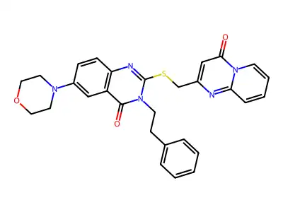6-(morpholin-4-yl)-2-[({4-oxo-4H-pyrido[1,2-a]pyrimidin-2-yl}methyl)sulfanyl]-3-(2-phenylethyl)-3,4-dihydroquinazolin-4-one structure