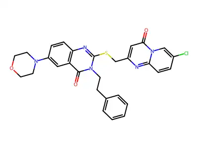 2-[({7-chloro-4-oxo-4H-pyrido[1,2-a]pyrimidin-2-yl}methyl)sulfanyl]-6-(morpholin-4-yl)-3-(2-phenylethyl)-3,4-dihydroquinazolin-4-one structure