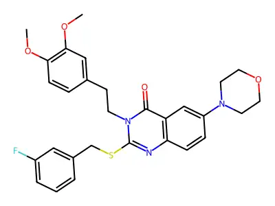 3-[2-(3,4-dimethoxyphenyl)ethyl]-2-{[(3-fluorophenyl)methyl]sulfanyl}-6-(morpholin-4-yl)-3,4-dihydroquinazolin-4-one structure