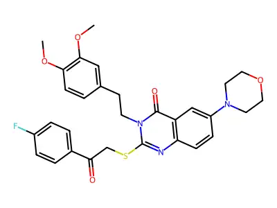 3-[2-(3,4-dimethoxyphenyl)ethyl]-2-{[2-(4-fluorophenyl)-2-oxoethyl]sulfanyl}-6-(morpholin-4-yl)-3,4-dihydroquinazolin-4-one structure