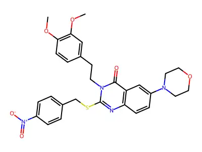 3-[2-(3,4-dimethoxyphenyl)ethyl]-6-(morpholin-4-yl)-2-{[(4-nitrophenyl)methyl]sulfanyl}-3,4-dihydroquinazolin-4-one structure