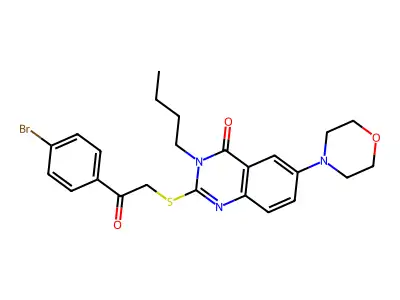 2-((2-(4-bromophenyl)-2-oxoethyl)thio)-3-butyl-6-morpholinoquinazolin-4(3H)-one structure