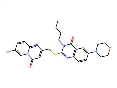 2-[({7-bromo-4-oxo-4H-pyrido[1,2-a]pyrimidin-2-yl}methyl)sulfanyl]-3-butyl-6-(morpholin-4-yl)-3,4-dihydroquinazolin-4-one structure