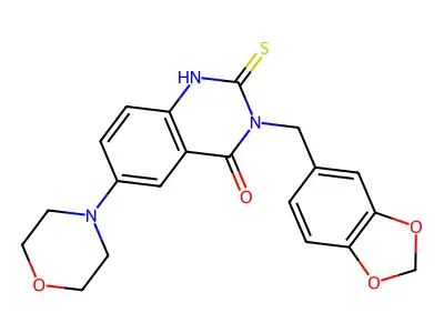 3-(benzo[d][1,3]dioxol-5-ylmethyl)-6-morpholino-2-thioxo-2,3-dihydroquinazolin-4(1H)-one structure