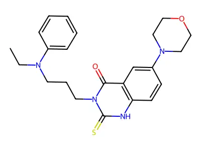 3-[3-(N-ethylanilino)propyl]-6-(4-morpholinyl)-2-sulfanylidene-1H-quinazolin-4-one structure