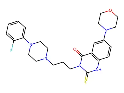 3-[3-[4-(2-fluorophenyl)piperazin-1-yl]propyl]-6-morpholin-4-yl-2-sulfanylidene-1H-quinazolin-4-one structure