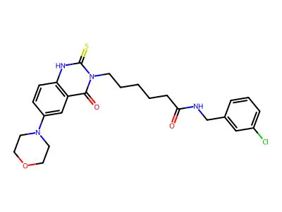 N-[(3-chlorophenyl)methyl]-6-(6-morpholin-4-yl-4-oxo-2-sulfanylidene-1H-quinazolin-3-yl)hexanamide structure