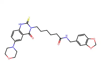 N-(1,3-benzodioxol-5-ylmethyl)-6-(6-morpholin-4-yl-4-oxo-2-sulfanylidene-1H-quinazolin-3-yl)hexanamide structure
