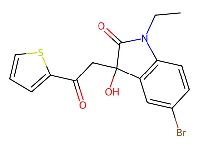 5-Bromo-1-ethyl-3-hydroxy-3-(2-oxo-2-thiophen-2-ylethyl)indol-2-one structure