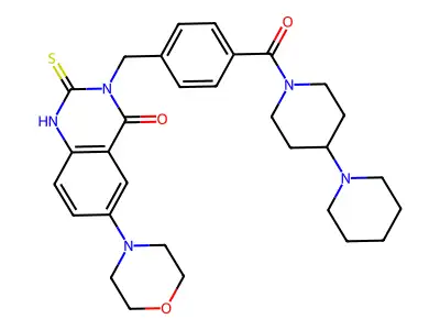 3-[(4-{[1,4'-bipiperidine]-1'-carbonyl}phenyl)methyl]-6-(morpholin-4-yl)-2-sulfanylidene-1,2,3,4-tetrahydroquinazolin-4-one structure