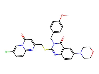 2-[({7-chloro-4-oxo-4H-pyrido[1,2-a]pyrimidin-2-yl}methyl)sulfanyl]-3-[(4-methoxyphenyl)methyl]-6-(morpholin-4-yl)-3,4-dihydroquinazolin-4-one structure