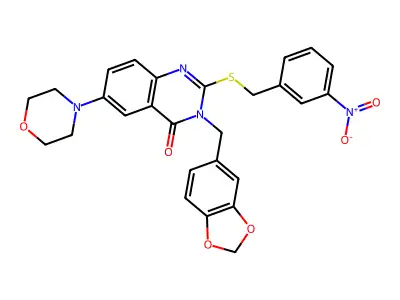 3-[(2H-1,3-benzodioxol-5-yl)methyl]-6-(morpholin-4-yl)-2-{[(3-nitrophenyl)methyl]sulfanyl}-3,4-dihydroquinazolin-4-one structure