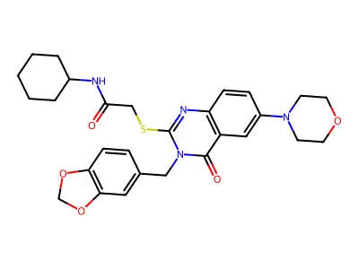 2-({3-[(2H-1,3-benzodioxol-5-yl)methyl]-6-(morpholin-4-yl)-4-oxo-3,4-dihydroquinazolin-2-yl}sulfanyl)-N-cyclohexylacetamide structure