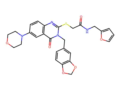 2-({3-[(2H-1,3-benzodioxol-5-yl)methyl]-6-(morpholin-4-yl)-4-oxo-3,4-dihydroquinazolin-2-yl}sulfanyl)-N-[(furan-2-yl)methyl]acetamide structure