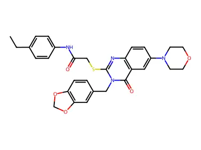 2-({3-[(2H-1,3-benzodioxol-5-yl)methyl]-6-(morpholin-4-yl)-4-oxo-3,4-dihydroquinazolin-2-yl}sulfanyl)-N-(4-ethylphenyl)acetamide structure