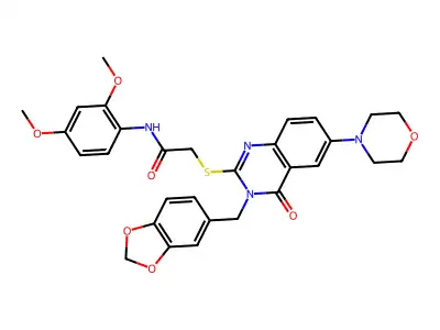 2-({3-[(2H-1,3-benzodioxol-5-yl)methyl]-6-(morpholin-4-yl)-4-oxo-3,4-dihydroquinazolin-2-yl}sulfanyl)-N-(2,4-dimethoxyphenyl)acetamide structure