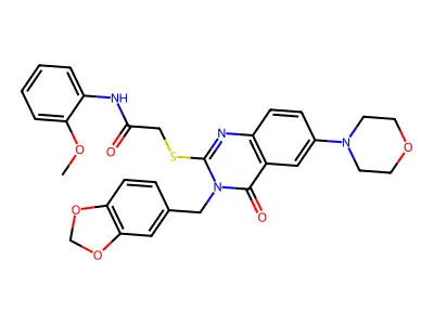 2-({3-[(2H-1,3-benzodioxol-5-yl)methyl]-6-(morpholin-4-yl)-4-oxo-3,4-dihydroquinazolin-2-yl}sulfanyl)-N-(2-methoxyphenyl)acetamide structure