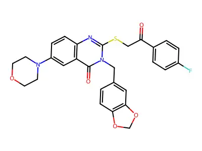 3-[(2H-1,3-benzodioxol-5-yl)methyl]-2-{[2-(4-fluorophenyl)-2-oxoethyl]sulfanyl}-6-(morpholin-4-yl)-3,4-dihydroquinazolin-4-one structure