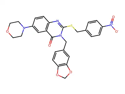 3-[(2H-1,3-benzodioxol-5-yl)methyl]-6-(morpholin-4-yl)-2-{[(4-nitrophenyl)methyl]sulfanyl}-3,4-dihydroquinazolin-4-one structure