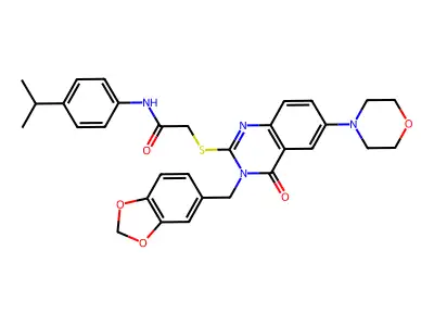 2-({3-[(2H-1,3-benzodioxol-5-yl)methyl]-6-(morpholin-4-yl)-4-oxo-3,4-dihydroquinazolin-2-yl}sulfanyl)-N-[4-(propan-2-yl)phenyl]acetamide structure