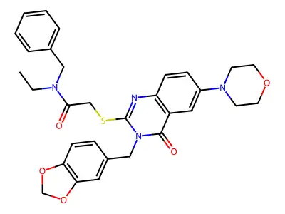 2-({3-[(2H-1,3-benzodioxol-5-yl)methyl]-6-(morpholin-4-yl)-4-oxo-3,4-dihydroquinazolin-2-yl}sulfanyl)-N-benzyl-N-ethylacetamide structure