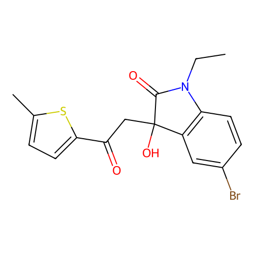 5-bromo-1-ethyl-3-hydroxy-3-(2-(5-methylthiophen-2-yl)-2-oxoethyl)indolin-2-one structure