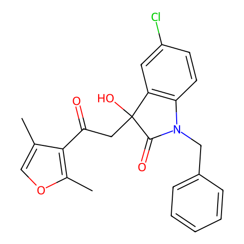 1-benzyl-5-chloro-3-(2-(2,4-dimethylfuran-3-yl)-2-oxoethyl)-3-hydroxyindolin-2-one structure