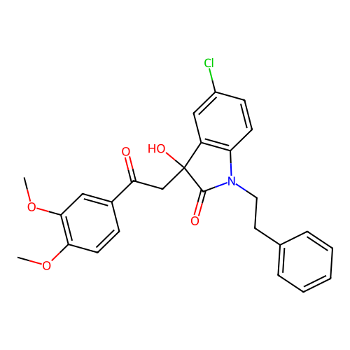 5-chloro-3-[2-(3,4-dimethoxyphenyl)-2-oxoethyl]-3-hydroxy-1-(2-phenylethyl)-1,3-dihydro-2H-indol-2-one structure