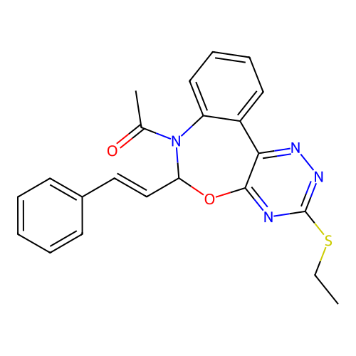 1-[3-ethylsulfanyl-6-[(E)-2-phenylethenyl]-6H-[1,2,4]triazino[5,6-d][3,1]benzoxazepin-7-yl]ethanone structure