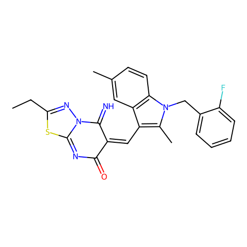 (6E)-2-ethyl-6-[[1-[(2-fluorophenyl)methyl]-2,5-dimethylindol-3-yl]methylidene]-5-imino-[1,3,4]thiadiazolo[3,2-a]pyrimidin-7-one structure