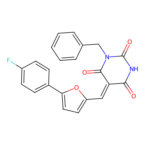 (5Z)-1-benzyl-5-[[5-(4-fluorophenyl)furan-2-yl]methylidene]-1,3-diazinane-2,4,6-trione structure