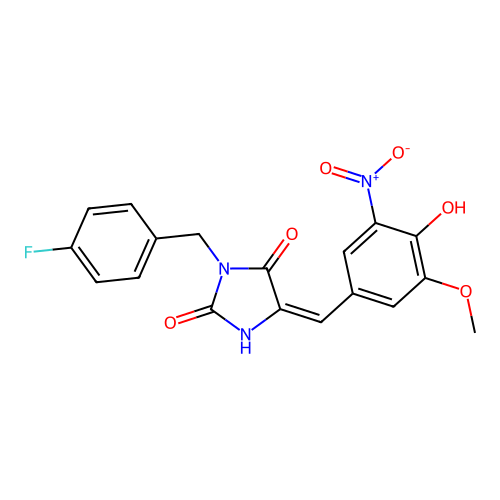 (5E)-3-(4-fluorobenzyl)-5-(4-hydroxy-3-methoxy-5-nitrobenzylidene)imidazolidine-2,4-dione structure