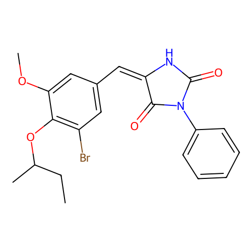 (5E)-5-[3-bromo-4-(butan-2-yloxy)-5-methoxybenzylidene]-3-phenylimidazolidine-2,4-dione structure