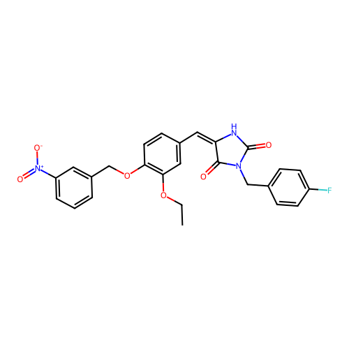 (5E)-5-[[3-ethoxy-4-[(3-nitrophenyl)methoxy]phenyl]methylidene]-3-[(4-fluorophenyl)methyl]imidazolidine-2,4-dione structure