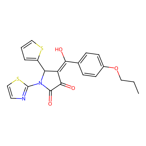 3-hydroxy-4-(4-propoxybenzoyl)-1-(1,3-thiazol-2-yl)-5-(thiophen-2-yl)-2,5-dihydro-1H-pyrrol-2-one structure