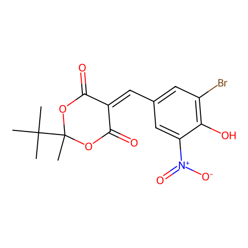 5-(3-bromo-4-hydroxy-5-nitrobenzylidene)-2-tert-butyl-2-methyl-1,3-dioxane-4,6-dione structure