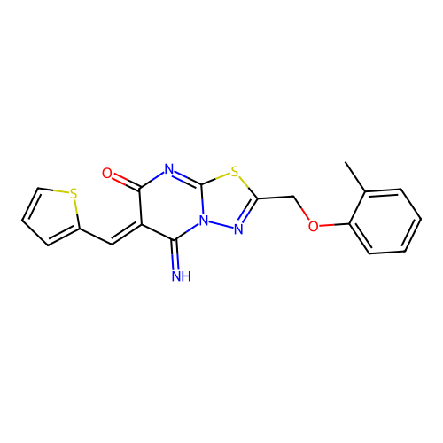 (6Z)-5-imino-2-[(2-methylphenoxy)methyl]-6-(thiophen-2-ylmethylidene)-[1,3,4]thiadiazolo[3,2-a]pyrimidin-7-one structure