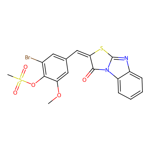 (E)-2-bromo-6-methoxy-4-((3-oxobenzo[4,5]imidazo[2,1-b]thiazol-2(3H)-ylidene)methyl)phenyl methanesulfonate structure