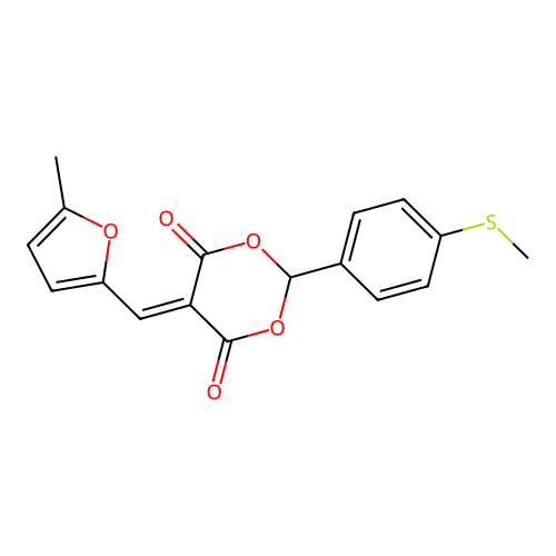 5-((5-methylfuran-2-yl)methylene)-2-(4-(methylthio)phenyl)-1,3-dioxane-4,6-dione structure