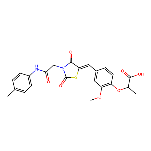 2-{2-methoxy-4-[(Z)-(3-{2-[(4-methylphenyl)amino]-2-oxoethyl}-2,4-dioxo-1,3-thiazolidin-5-ylidene)methyl]phenoxy}propanoic acid structure