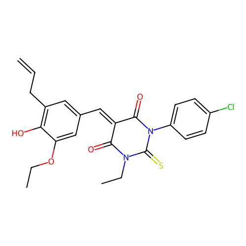 (5E)-1-(4-chlorophenyl)-5-[(3-ethoxy-4-hydroxy-5-prop-2-enylphenyl)methylidene]-3-ethyl-2-sulfanylidene-1,3-diazinane-4,6-dione structure