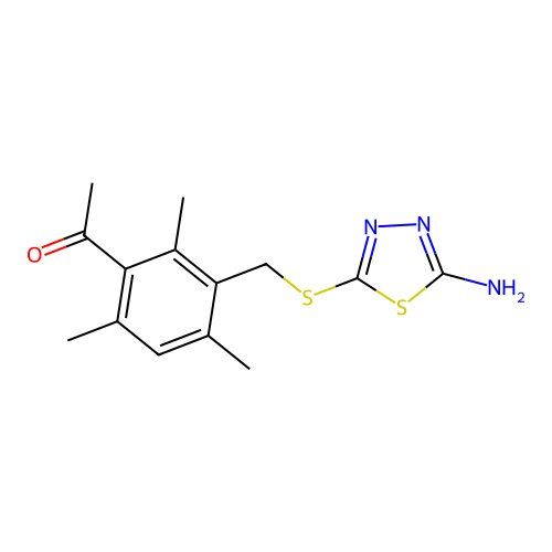 1-(3-(((5-amino-1,3,4-thiadiazol-2-yl)thio)methyl)-2,4,6-trimethylphenyl)ethanone structure