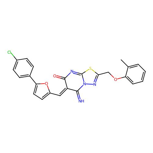 (6Z)-6-[[5-(4-chlorophenyl)furan-2-yl]methylidene]-5-imino-2-[(2-methylphenoxy)methyl]-[1,3,4]thiadiazolo[3,2-a]pyrimidin-7-one structure