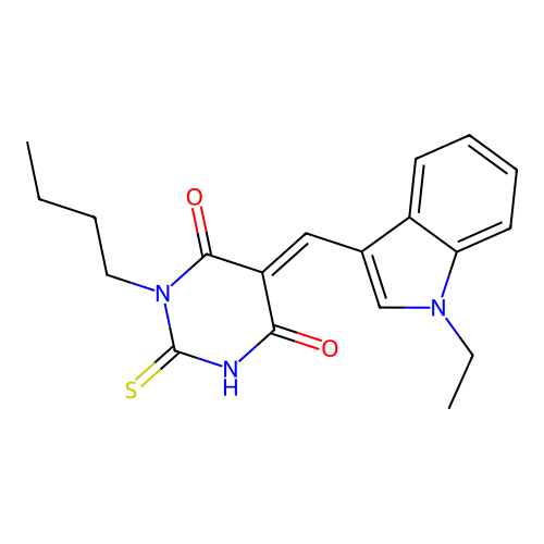 (5E)-1-butyl-5-[(1-ethylindol-3-yl)methylidene]-2-sulfanylidene-1,3-diazinane-4,6-dione structure