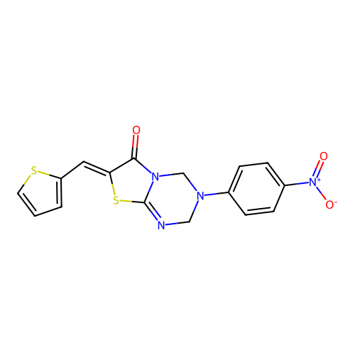(7Z)-3-(4-nitrophenyl)-7-(thiophen-2-ylmethylidene)-2,4-dihydro-[1,3]thiazolo[3,2-a][1,3,5]triazin-6-one structure