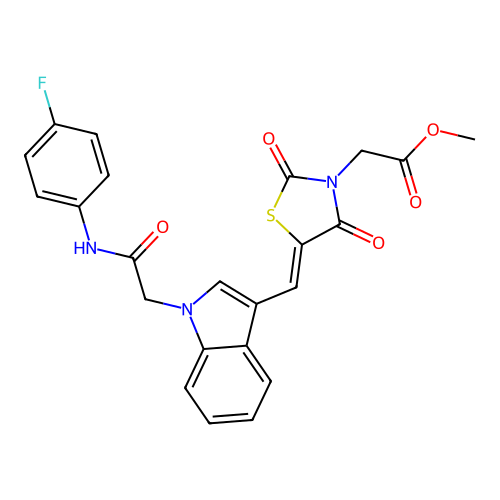 (Z)-methyl 2-(5-((1-(2-((4-fluorophenyl)amino)-2-oxoethyl)-1H-indol-3-yl)methylene)-2,4-dioxothiazolidin-3-yl)acetate structure