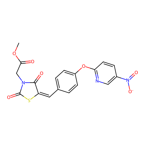 methyl [(5E)-5-{4-[(5-nitropyridin-2-yl)oxy]benzylidene}-2,4-dioxo-1,3-thiazolidin-3-yl]acetate structure